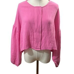 Promesca pink cotton gauze cropped top balloon sleeves small snap front boho
